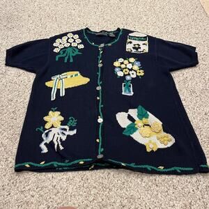 Eagles Eye Vintage Short Sleeve Cardigan Sweater Sz L Cottagecore Floral Grandma